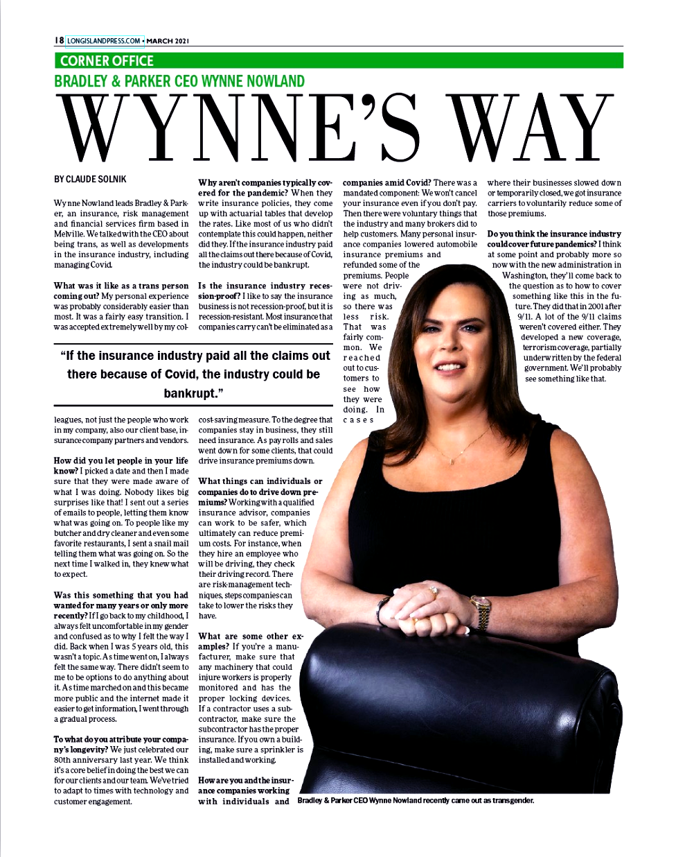 Long Island Press Publishes Feature Article on CEO Wynne Nowland