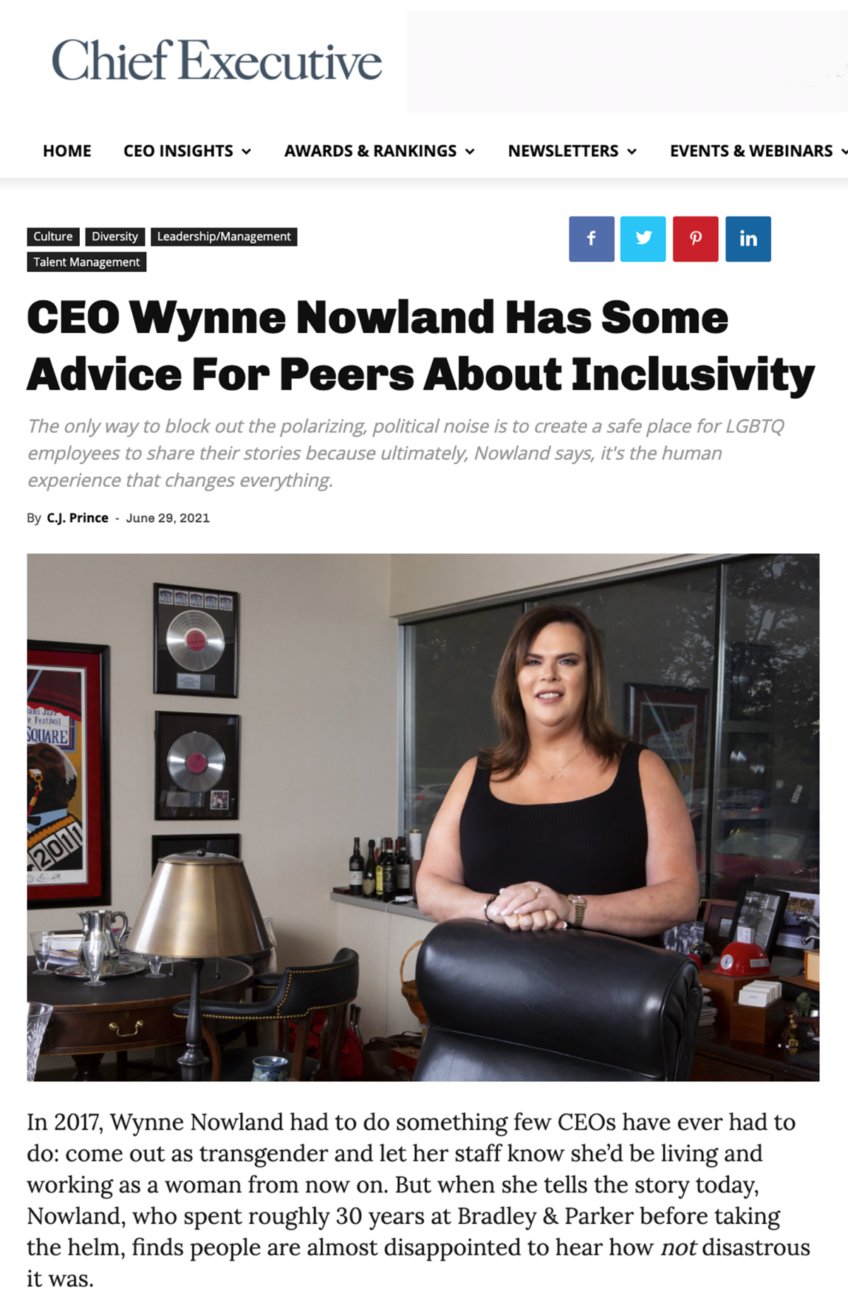 Chief Executive Publishes Feature Article on CEO Wynne Nowland